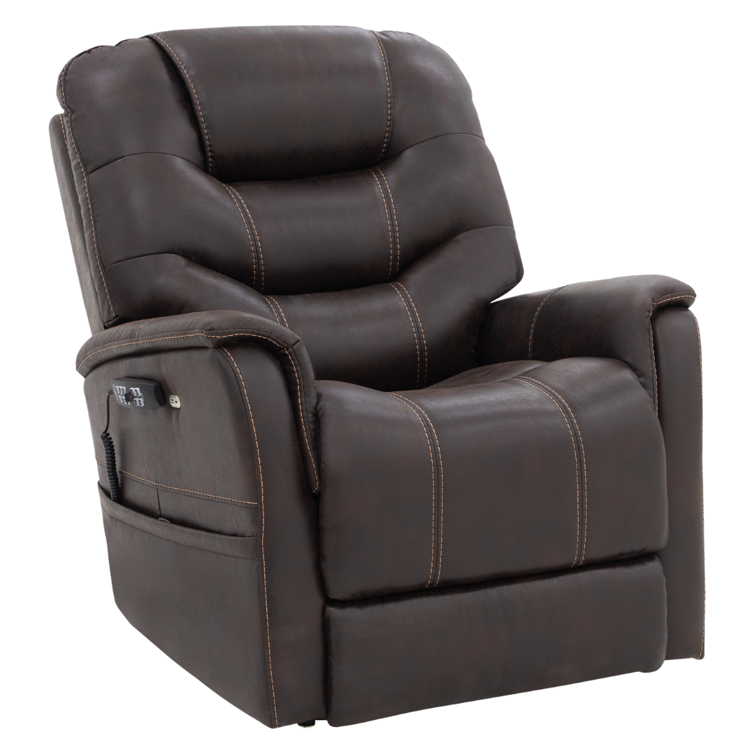 The Pride VivaLift!® Elegance 2 Recliner with Lift Assist features plush dark brown leather, padded armrests, visible tan stitching, a supportive segmented backrest, and remote control storage in a side pocket for luxurious relaxation.